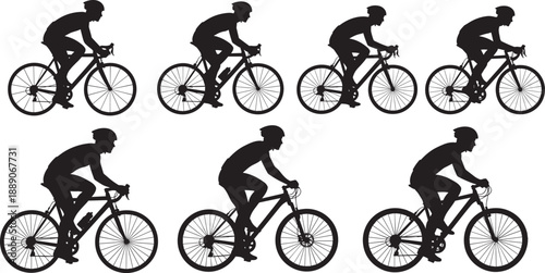 Black Silhouette Vector Set of Professional Cyclists Riding Road and Mountain Bikes for Sports Branding Fitness Training Healthy Lifestyle and Outdoor Cycling Race Promotions