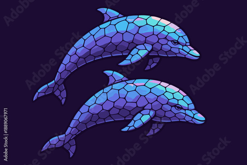 Stylized illustration of two dolphins in a stained glass effect on a dark background