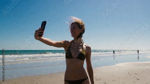 Young caucasian female taking selfie on sunny beach.