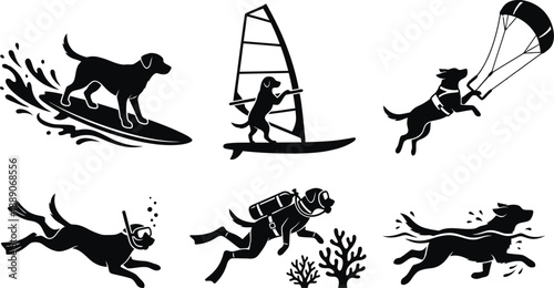 Dog Extreme Sports Silhouette Vector Set – Jet Skiing, Snow Skiing, Snowboarding, Ice Skating, Roller Skating, and Skateboarding Illustration