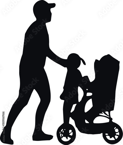 Caregiver silhouette pushing stroller with standing child, outdoor walk, parenting, mobility, minimal vector design, everyday family scene