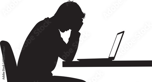 Black silhouette of a stressed businessman sitting at a desk with a laptop holding his head in hands expressing work frustration and mental exhaustion.