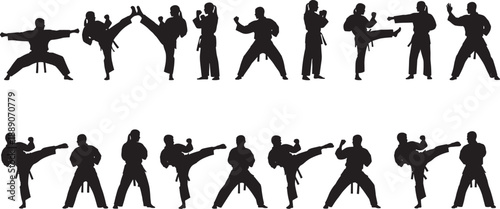 Black silhouettes featuring several romantic couples in various poses of hugging and kissing isolated on white background for valentines day and wedding anniversary concept