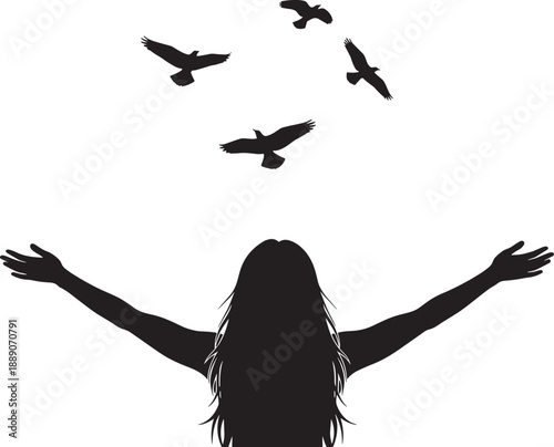 Black silhouette of woman with open arms looking at flying birds isolated on white background for freedom hope peace spiritual and liberation concept design