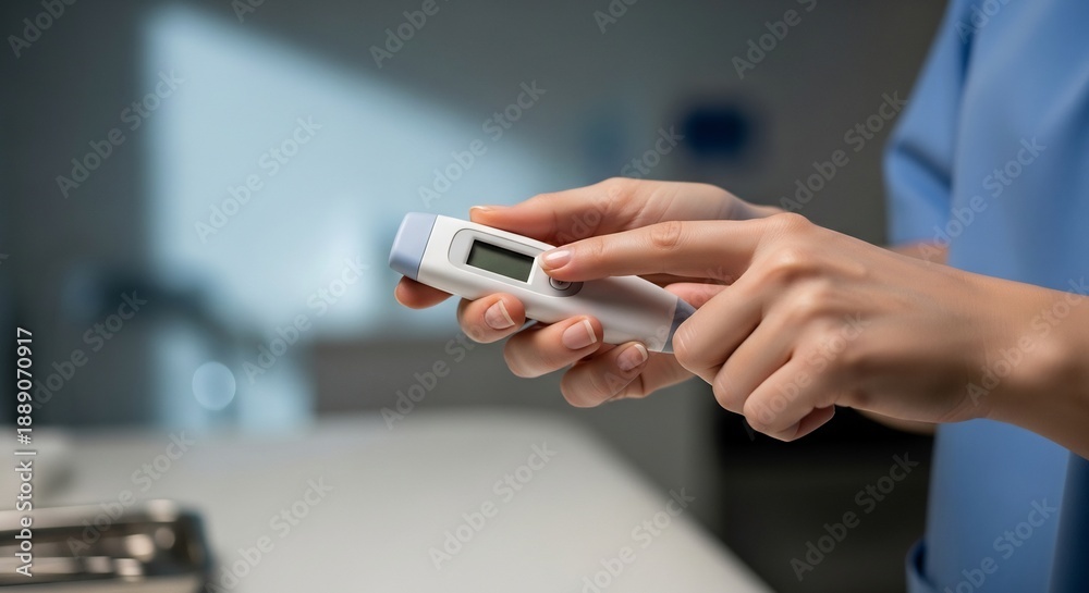 Fototapeta premium Close up of a medical professional holding a digital thermometer.