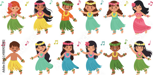 Cute Cartoon Hawaiian Hula Dancers Set Featuring Boys and Girls in Traditional Luau Outfits with Tropical Leis and Grass Skirts (20 words)