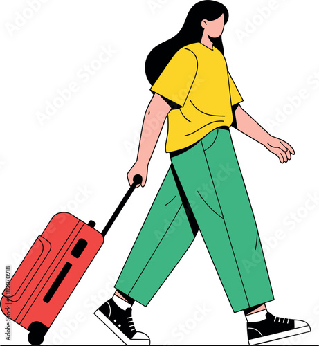 Young woman traveler walking with a red suitcase for summer vacation concept