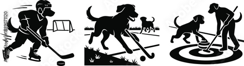 Dog Hockey and Curling Silhouette Vector Set – Ice Hockey, Field Hockey, and Curling Canine Illustration