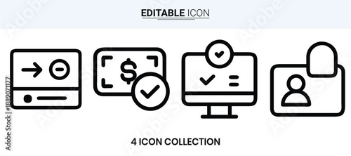Four outlined icons representing data transfer payment security and user profiles high quality