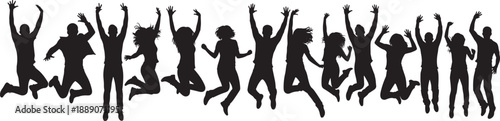 Black silhouettes of diverse group of happy people jumping in the air isolated on white background for success celebration community and freedom concept design