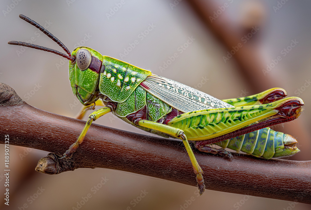 Fototapeta premium A vibrant green grasshopper perched on a brown branch in a natural setting