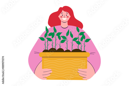 woman holds a box of seedlings in hands. spring. Vector illustration. gardening and farming