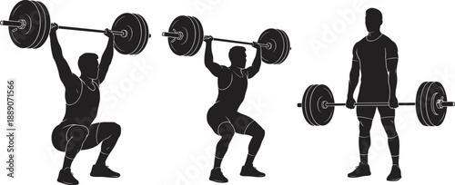 Black silhouettes of male weightlifters performing overhead barbell squats and deadlift exercises isolated on white background for gym fitness and bodybuilding training concept