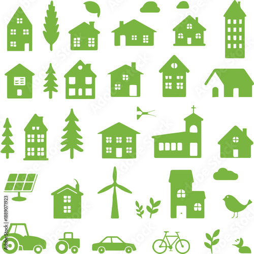 sustainability house and nature icons for green home and transport