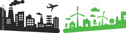 environment concept split urban pollution versus green rural energy