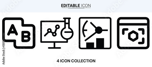 Four black outline icons representing science testing and data analysis concepts high quality