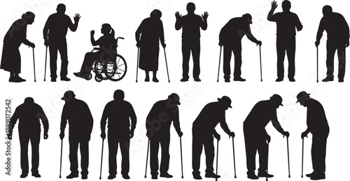 Large collection of silhouettes showing elderly people using walking canes and a wheelchair user in various poses isolated on white background for geriatric healthcare.