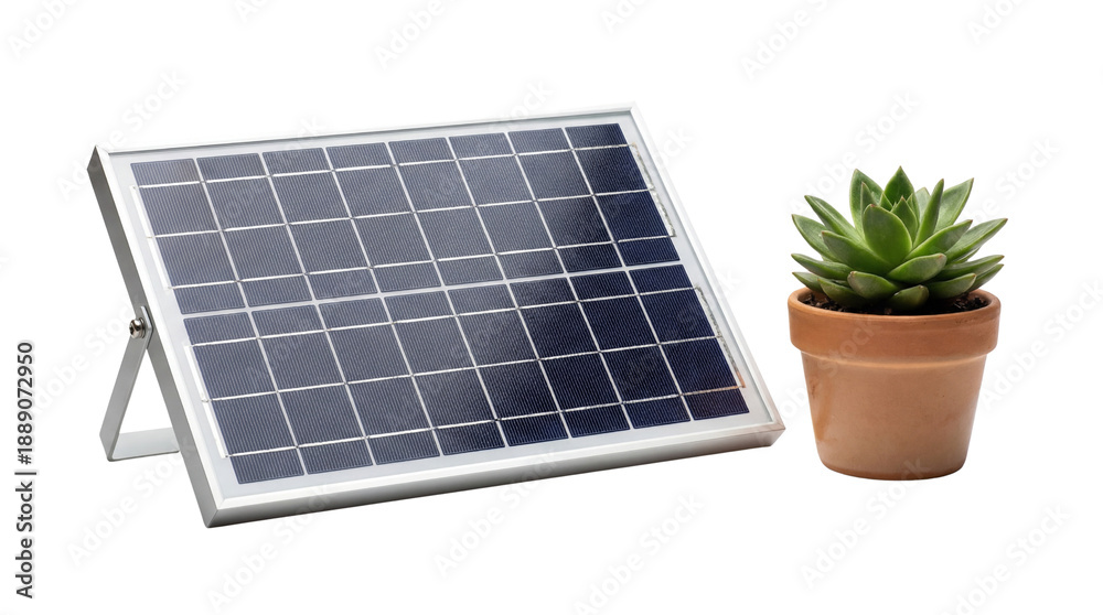 Fototapeta premium Small Solar Panel with Terracotta Potted Succulent Plant isolated PNG with Transparent Background