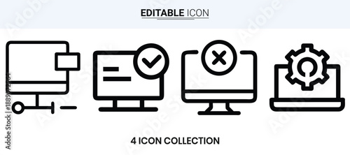 Four minimalist icons depicting computer confirmation rejection and settings high quality professional detailed