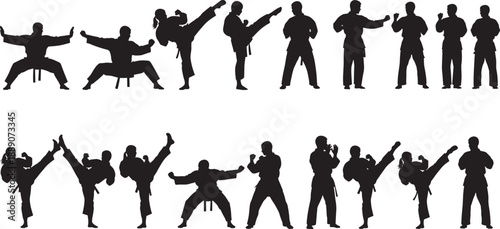 Set of black silhouettes featuring diverse martial arts athletes performing karate kicks punches and combat stances isolated on white background for sport and self defense