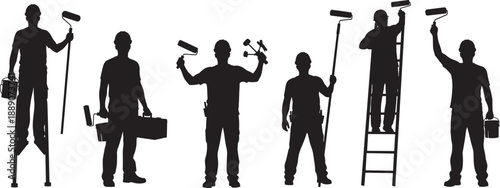 Set of black silhouettes featuring professional house painters wearing hard hats using rollers brushes and ladders isolated on white background for renovation and construction
