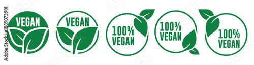 Vegan and 100% Vegan Food Labels and Badges Vector Set – Plant-Based Certification Icons	
