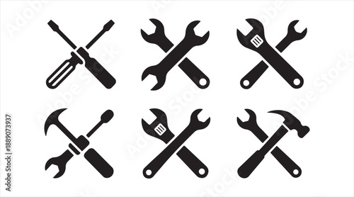 Crossed Wrench Screwdriver and Hammer Tool Icons Set