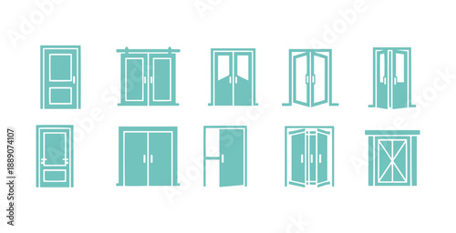 An icon set of minimal door designs offered in outline, solid, and flat styles. This clean and contemporary vector design is displayed on a white background
