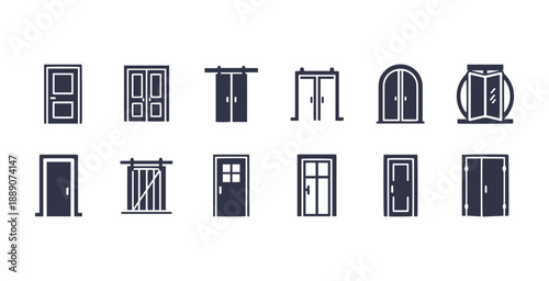A concise set of door icons available in outline, solid, and flat styles. Featuring a clean and modern vector design, this collection is set against a white background.