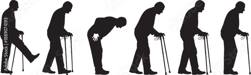 Set of black silhouettes showing an elderly man using a walking cane in different poses and movement stages isolated on white background for geriatrics.