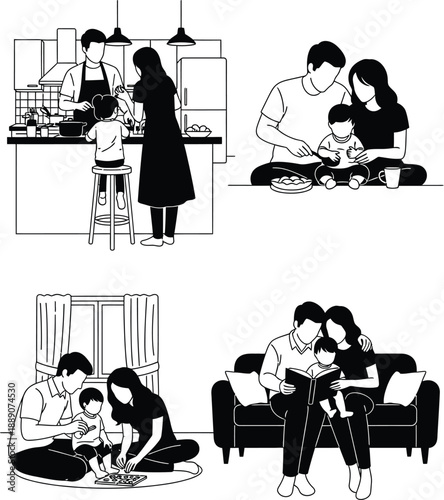 Family moments cooking reading and playing together in home setting silhouette design.