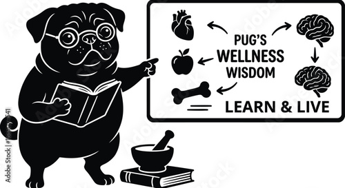 Pug Health Educator Silhouette Vector – Cute Canine Explaining Medical Chart Illustration