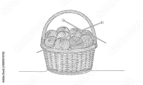 Line art drawing of a detailed wicker basket filled with skeins of yarn and knitting needles