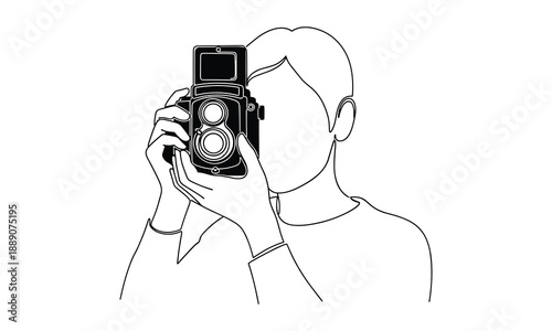 Line drawing of person holding vintage twin lens reflex camera, photography