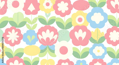 Beautiful seamless pattern of soft pastel colored abstract flowers and leaves in a flat design style