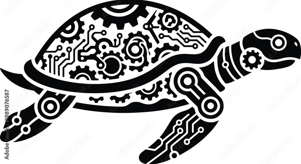 Fototapeta premium Cartoon Robotics Turtle Silhouette Vector – Futuristic Mechanical Shell Illustration