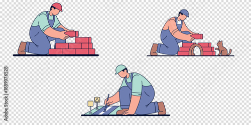 Professional Construction Worker and Architect Flat Illustration Set
