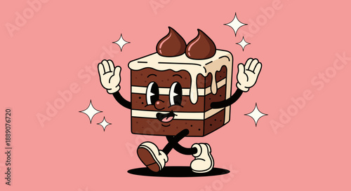 Cheerful vintage cartoon cake character illustration with a retro charm, offering delicious dessert and sweet bakery goods for bakery advertising and marketing campaigns that are n.