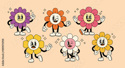 Cartoon Retro Flowers Characters Dancing with Groovy Style on a Beige Background create a Fun and Nostalgic Design for Kids Advertising, Decor, Party or Celebration, they look chee.