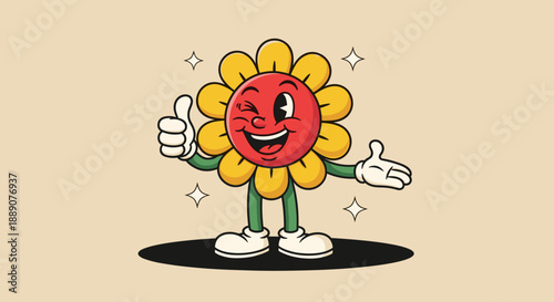 Winking Retro Cartoon Flower Mascot Giving Thumbs Up, Perfect for Vintage Style Marketing and Animation, This Cheerful Character Brings Nostalgia to Business Promotions with its Ha.