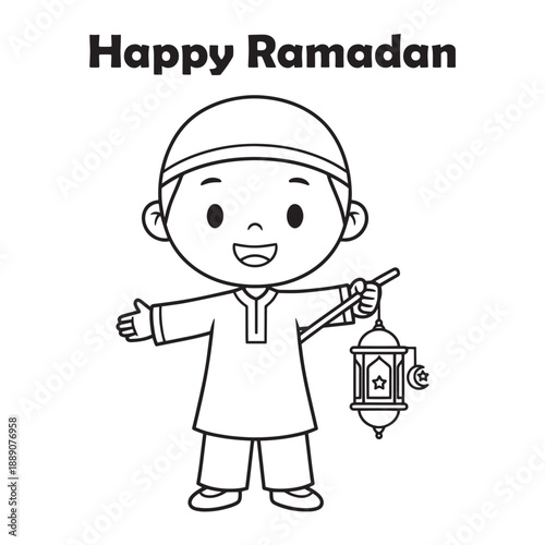 Cute Muslim Boy Holding Fanoos Lantern - Happy Ramadan Coloring Page Vector Illustration