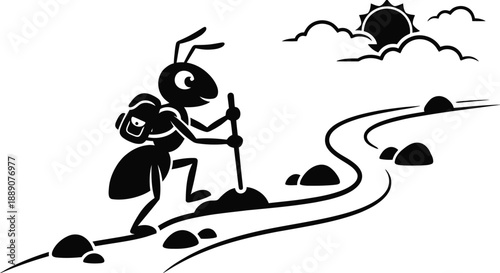 Cartoon Ant Hiking Silhouette Vector – Adventurous Insect with Backpack Illustration