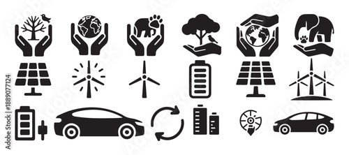 Renewable Energy and Eco Technology Icons Set. Green Power and Sustainable Transportation. vector illustration eps 10