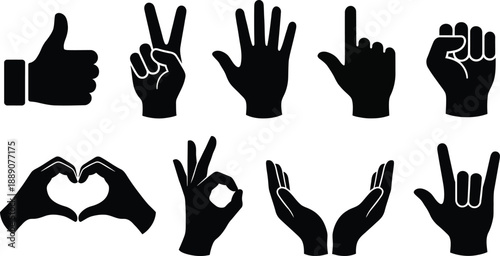 Silhouette Hands Pose Collection Vector – Set of Black Hand Gesture Illustrations 