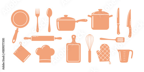 Kitchenware stickers in a single color, characterized by a flat and naive aesthetic.
