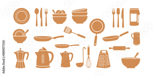 One-color stickers of kitchenware illustrated in a flat and naive style.  This includes crockery, cutlery, and various kitchen utensils for cooking.