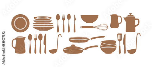 Single-color kitchenware stickers designed in a flat and simplistic style.
