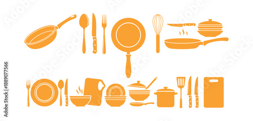 Single-color kitchenware stickers designed in a flat and simplistic style.
