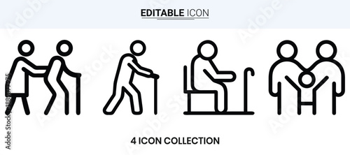 Four line icons depicting people with disabilities and assistive devices high quality professional