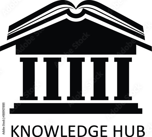 Illustration of a knowledge hub with an open book on top of a classical building with columns.